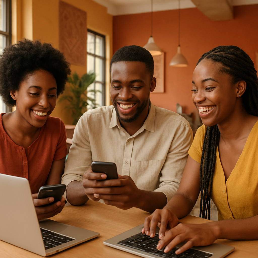 Young African entrepreneurs collaborating as Web Plus Africa agents in Nairobi